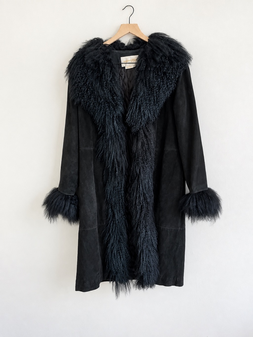 Vintage Margaret Godfrey Black Suede Mongolian Lamb Fur Coat Size 10